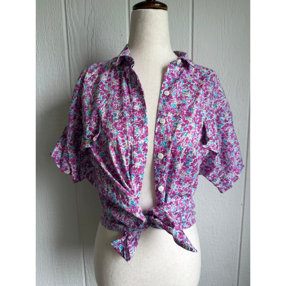 Vintage Floral Button Up Blouse Pink Purple Cottagecore Short Sleeve Shirt